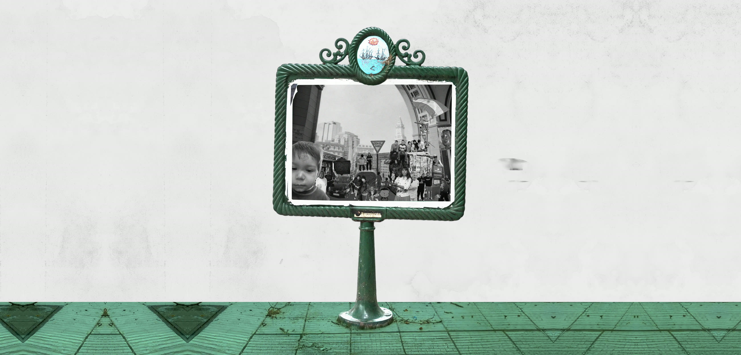 Boston a BSAS — a Buenos Aires street sign holding a collage between Boston and Buenos Aires
