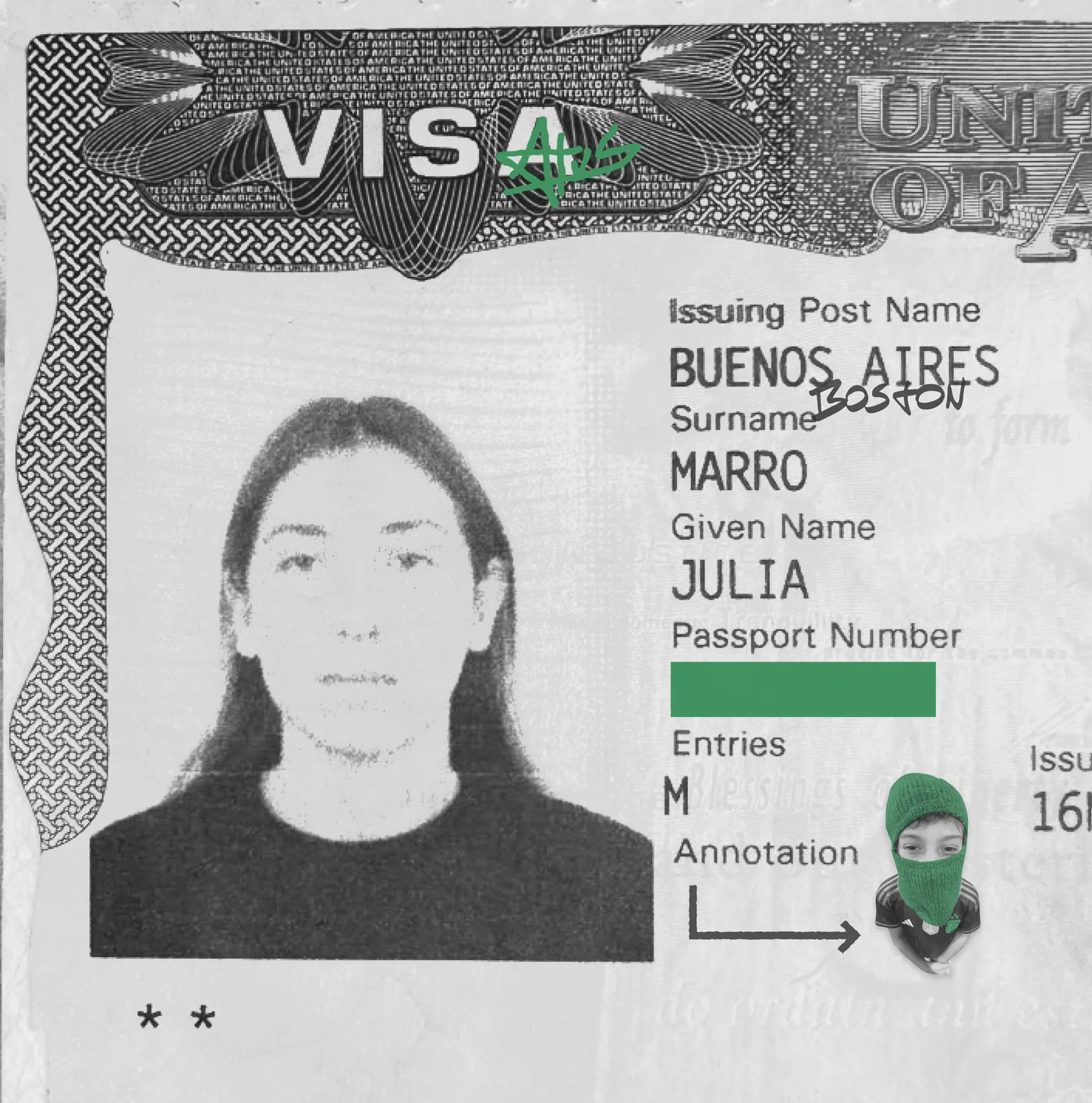 Julia's US visa, drawn over: Buenos Aires crossed out and replaced by Boston